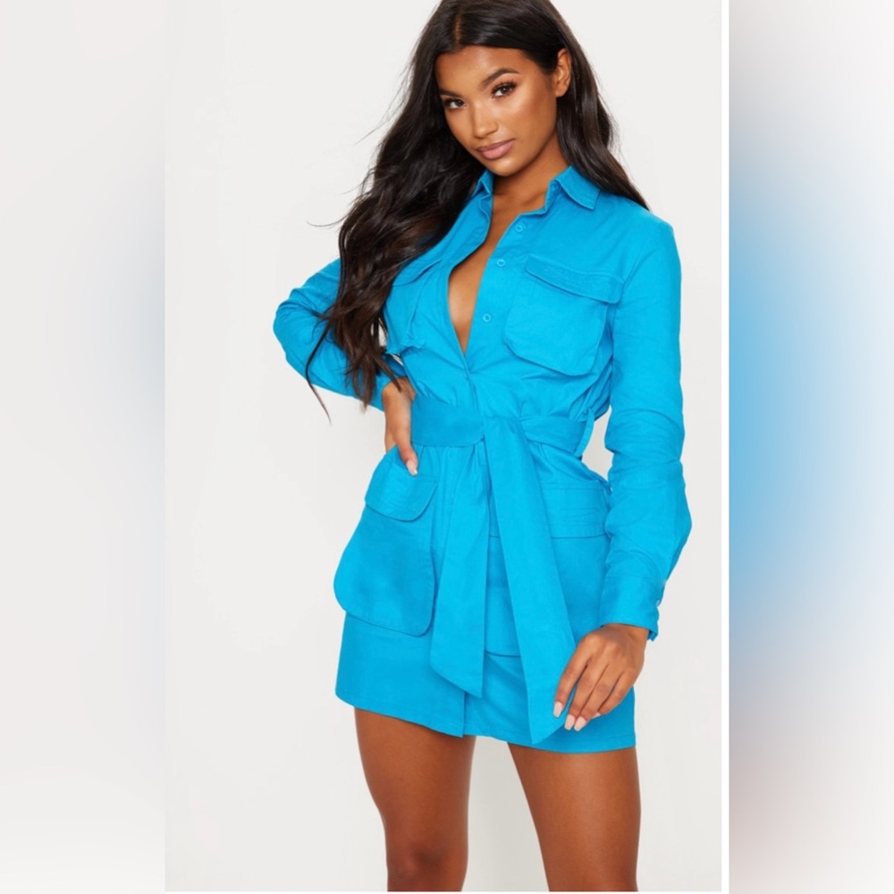 Blue Utility Tie Waist Shirt Dress